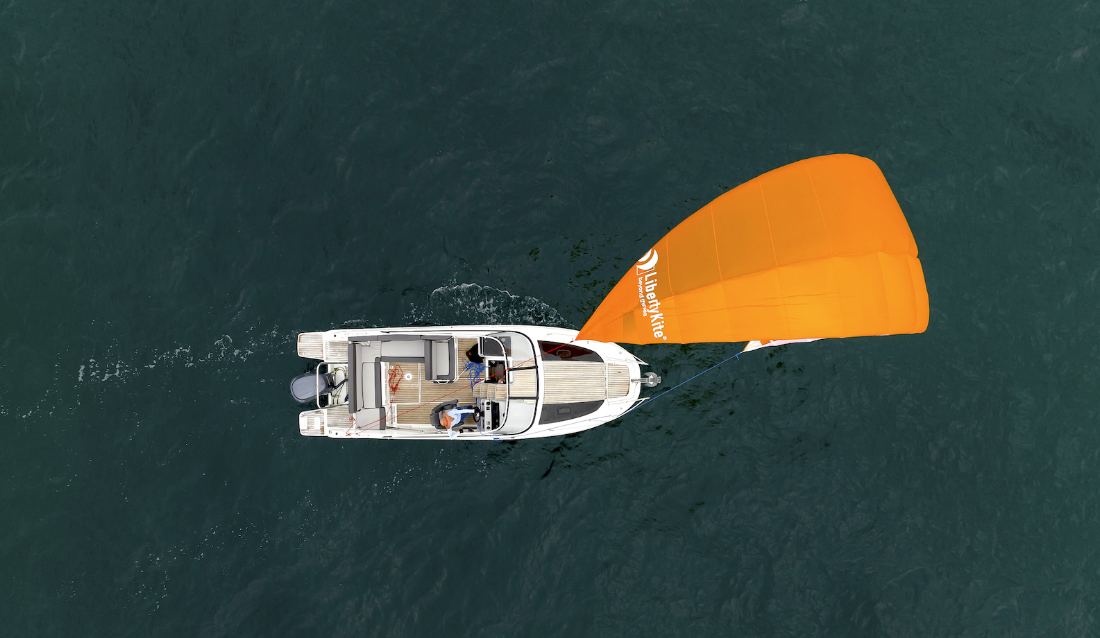 Power boat sailing with a 20 metre square LibertyKite.