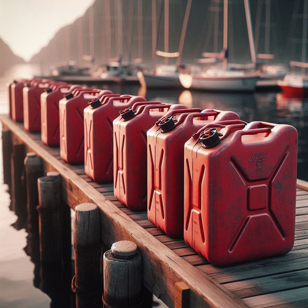 Eight plain red jerry cans are neatly lined up in a row on a wooden dock.